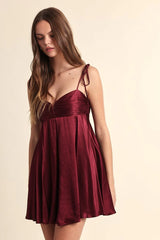Serena Burgundy Satin Babydoll Mini Dress