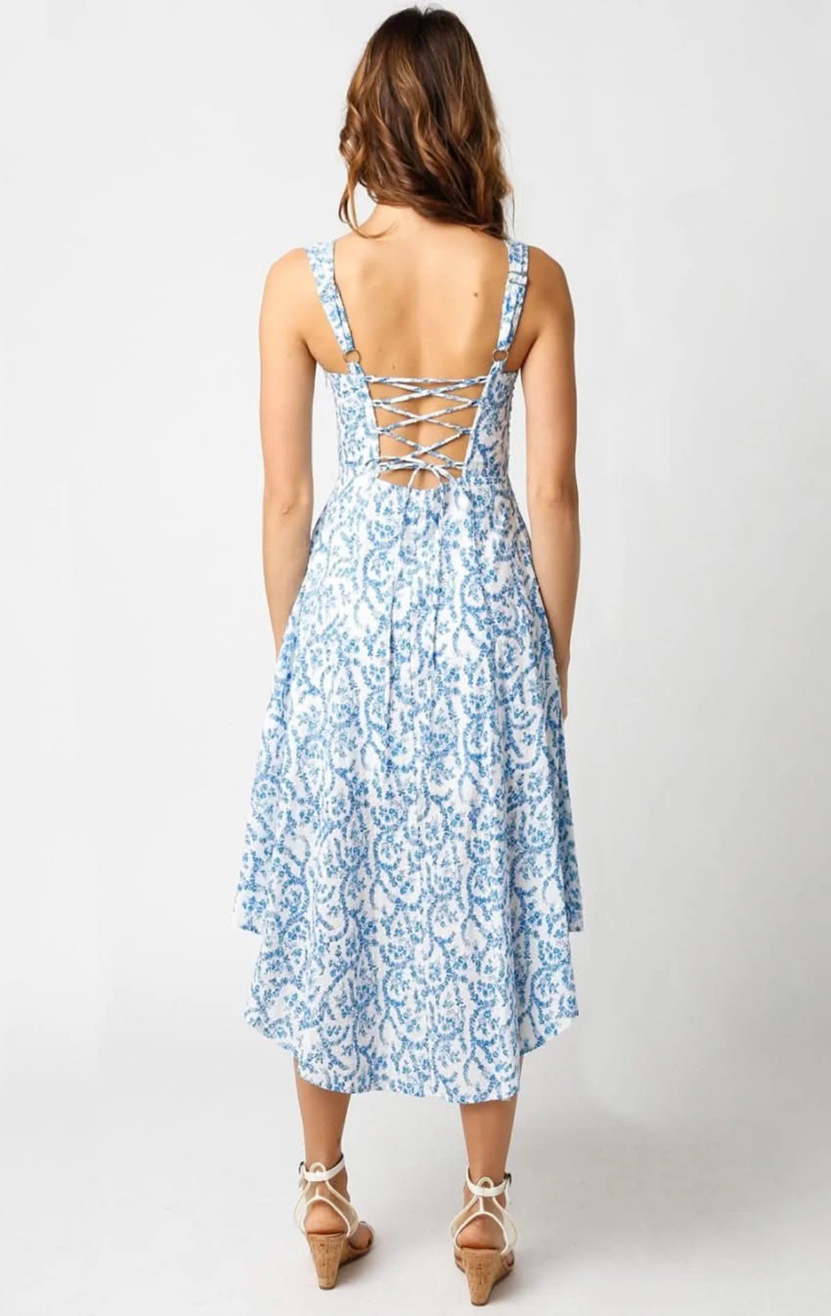 Ios White and Blue Floral Corset Midi Dress