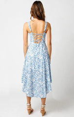 Ios White and Blue Floral Corset Midi Dress