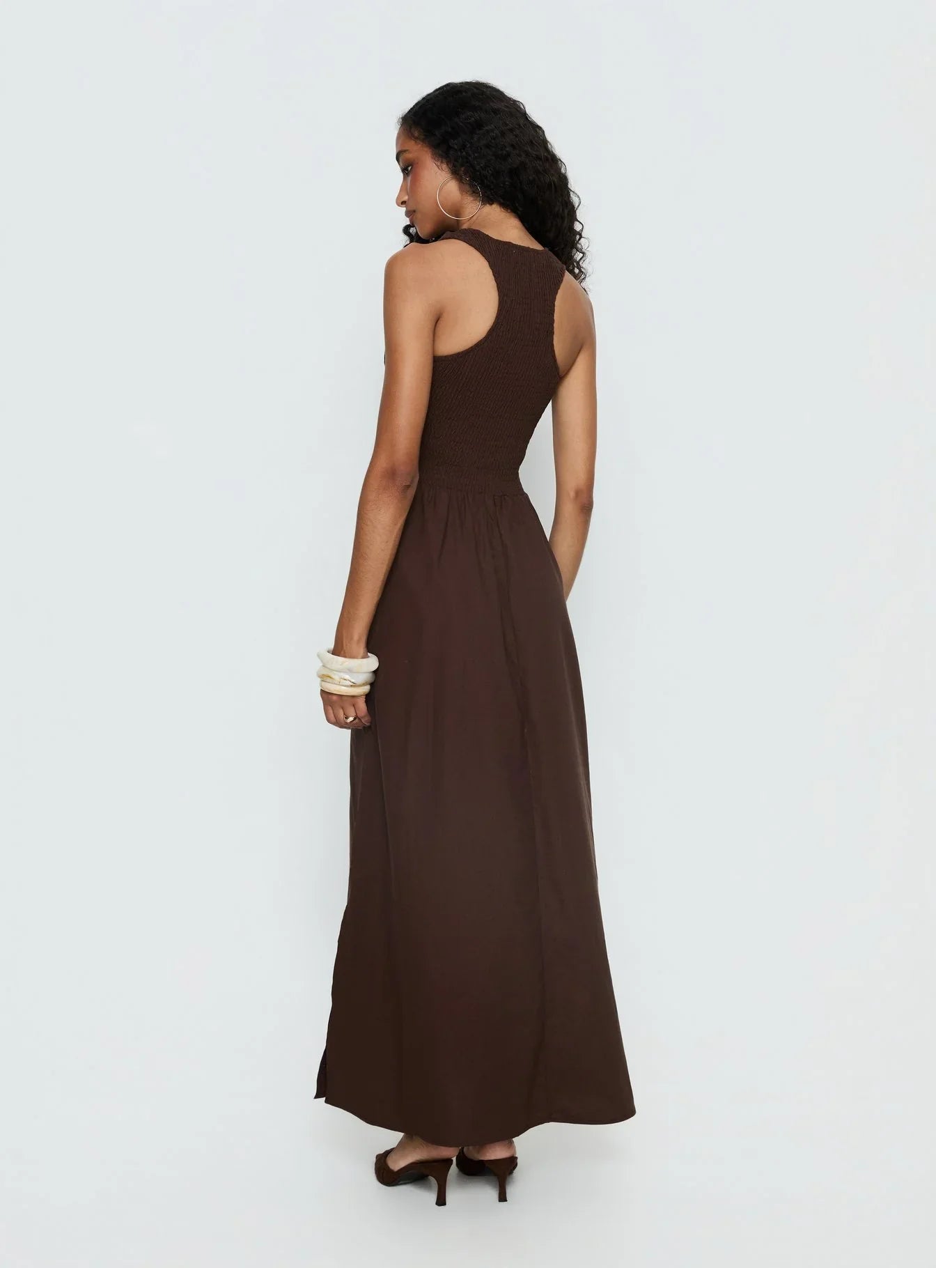 Highgate Drop Waist Pleat Detail Maxi Dress Chocolate