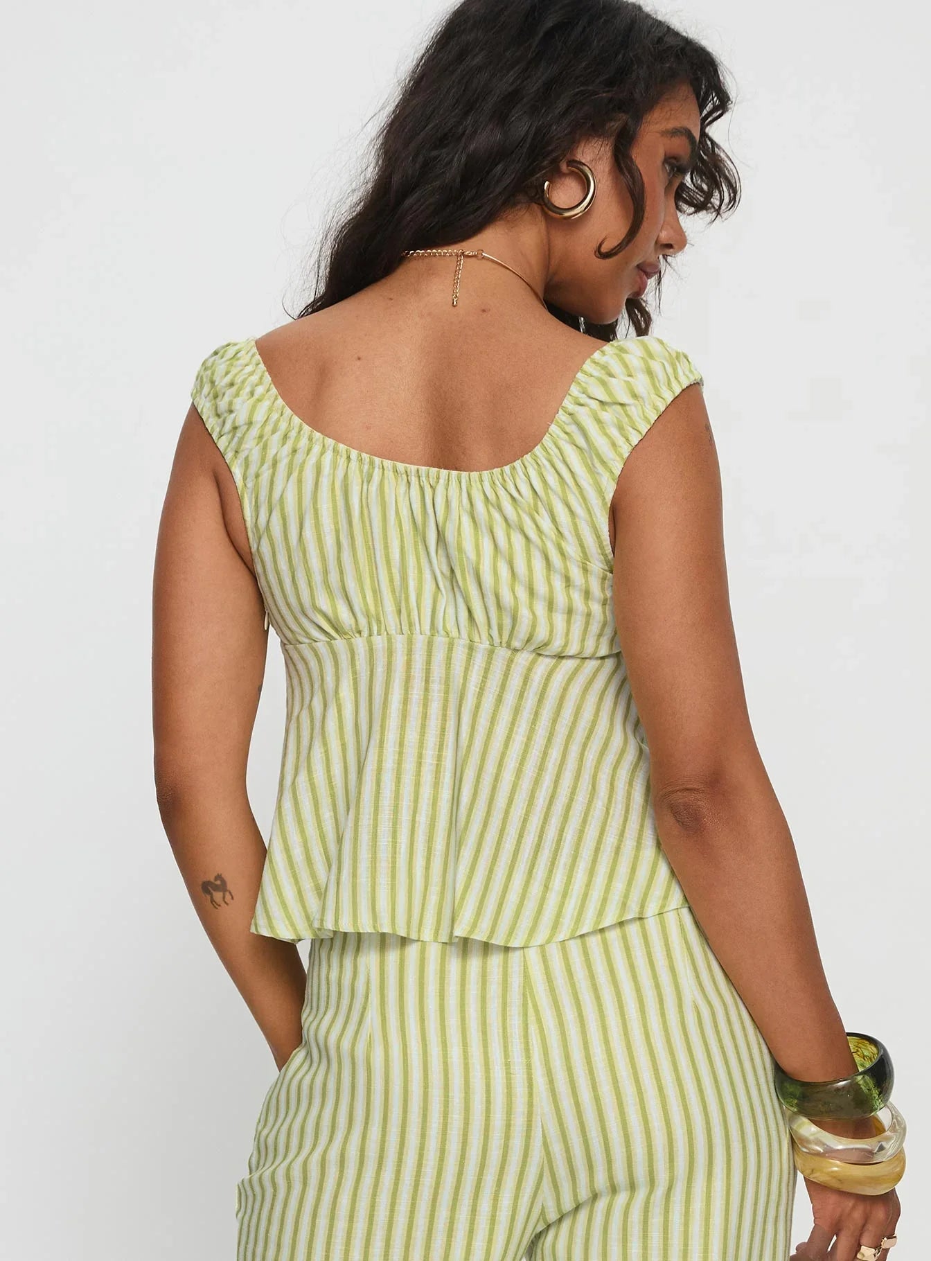 With Pleasure Puff Sleeve Linen Blouse Top Green Blue Stripe
