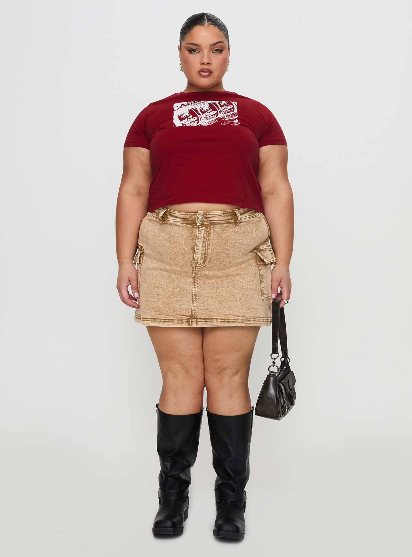 Velveta Low Rise Denim Skirt Camel Curve