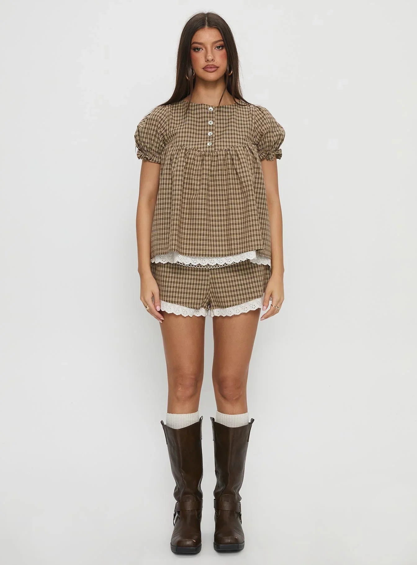 Chandelier Mini Lace Trim Shorts Brown Check