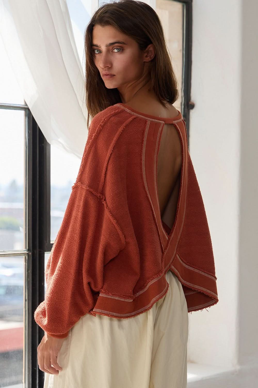 Libby Rust Open Back Long Sleeve Top