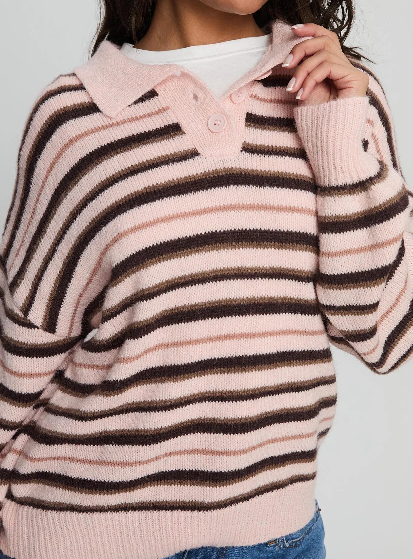 Jeanny Collared Knit Sweater Brown Pink Stripe