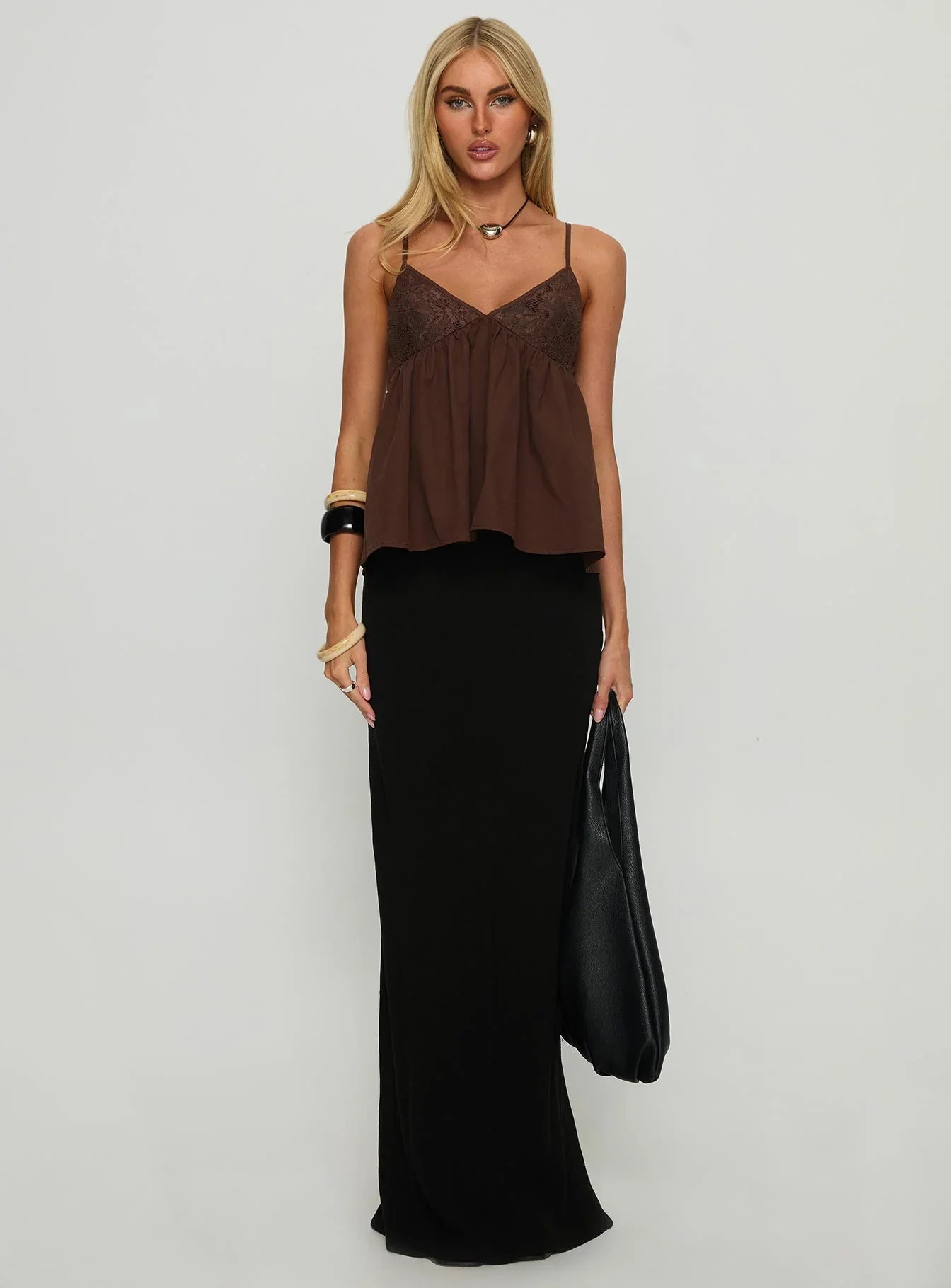 Janeesa Frill Lace Detail Cami Top Brown