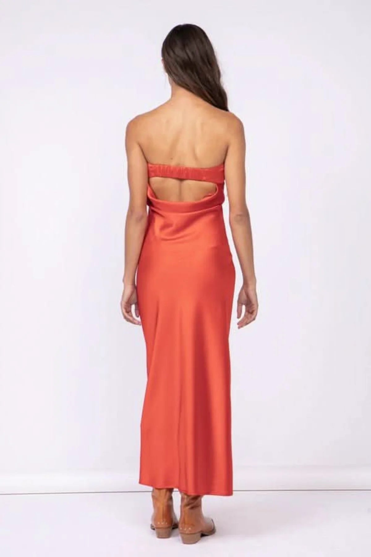 Irene Red Satin Strapless Maxi Dress
