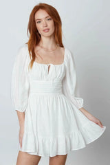 Enchanting White Three Quarter Sleeve Mini Dress