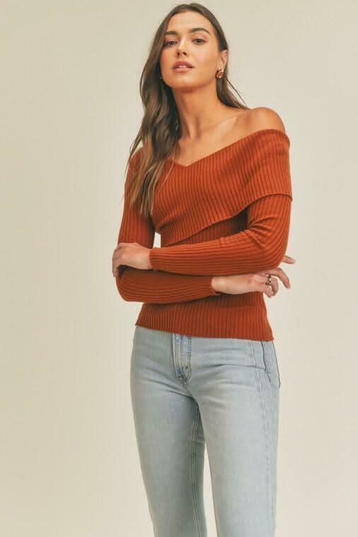 Lara Rust Ribbed Off The Shoulder Sweater Top