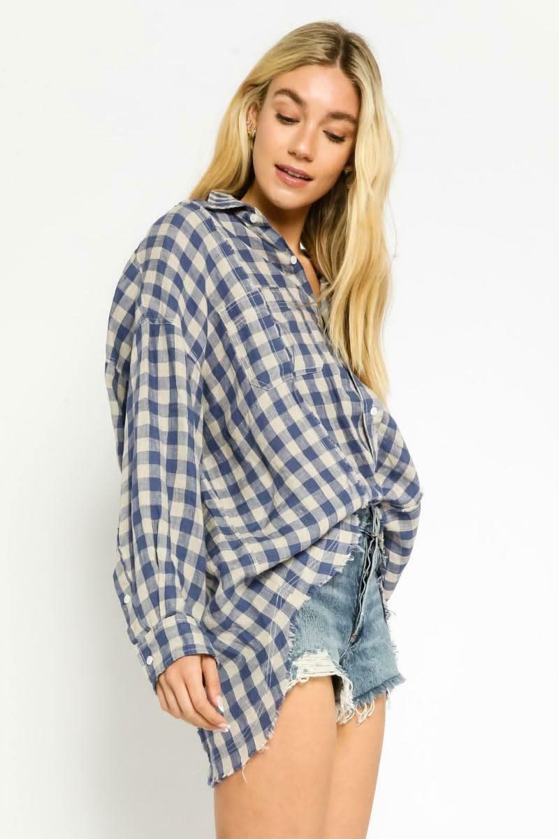 Taylor Blue Gingham Long Sleeve Button Up Top