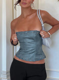 Pammie Faux Leather Strapless Top Blue