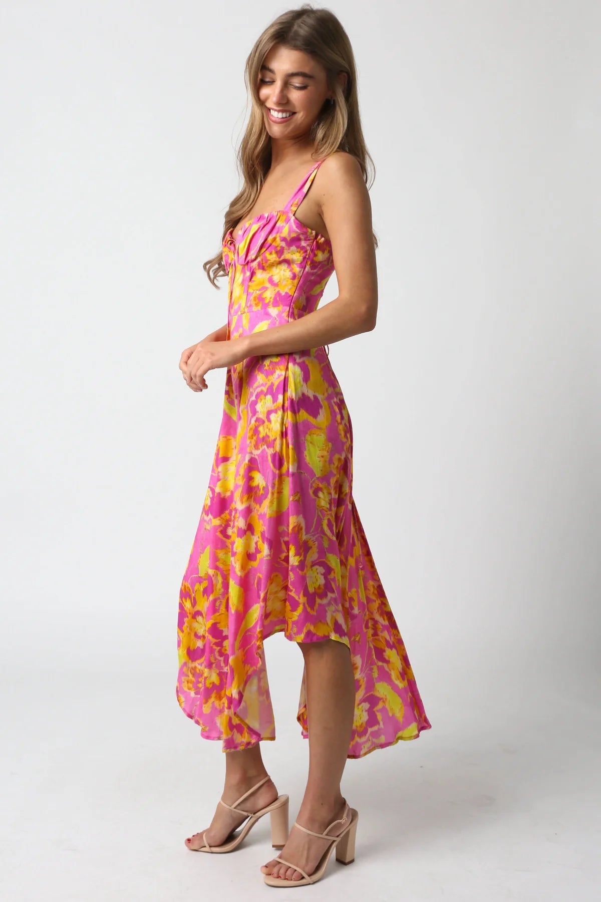 Ios Pink and Yellow Floral Corset Midi Dress