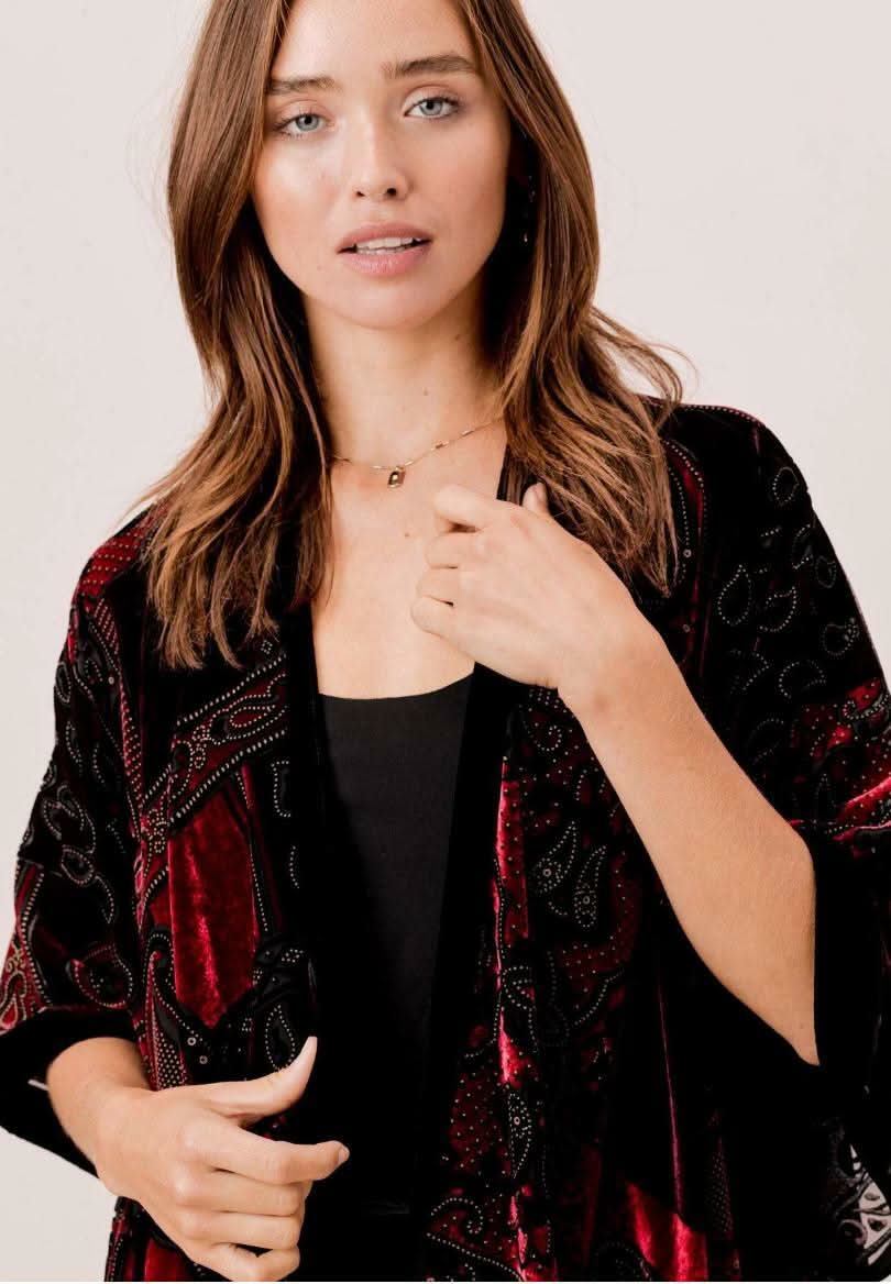 Natalia Burgundy Paisley Burnout Velvet Kimono