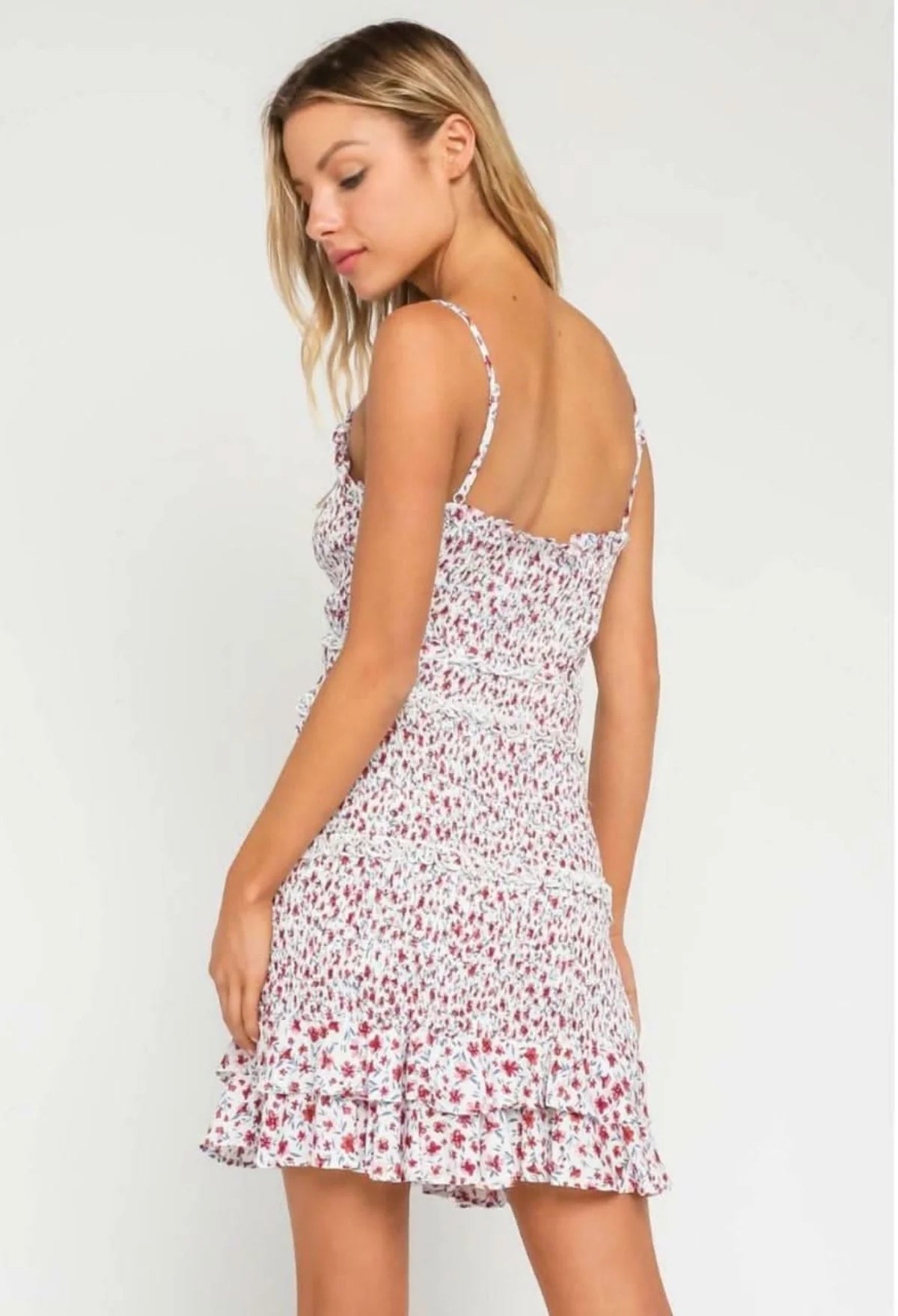 Rhea White and Red Floral Smocked Ruffle Mini Dress