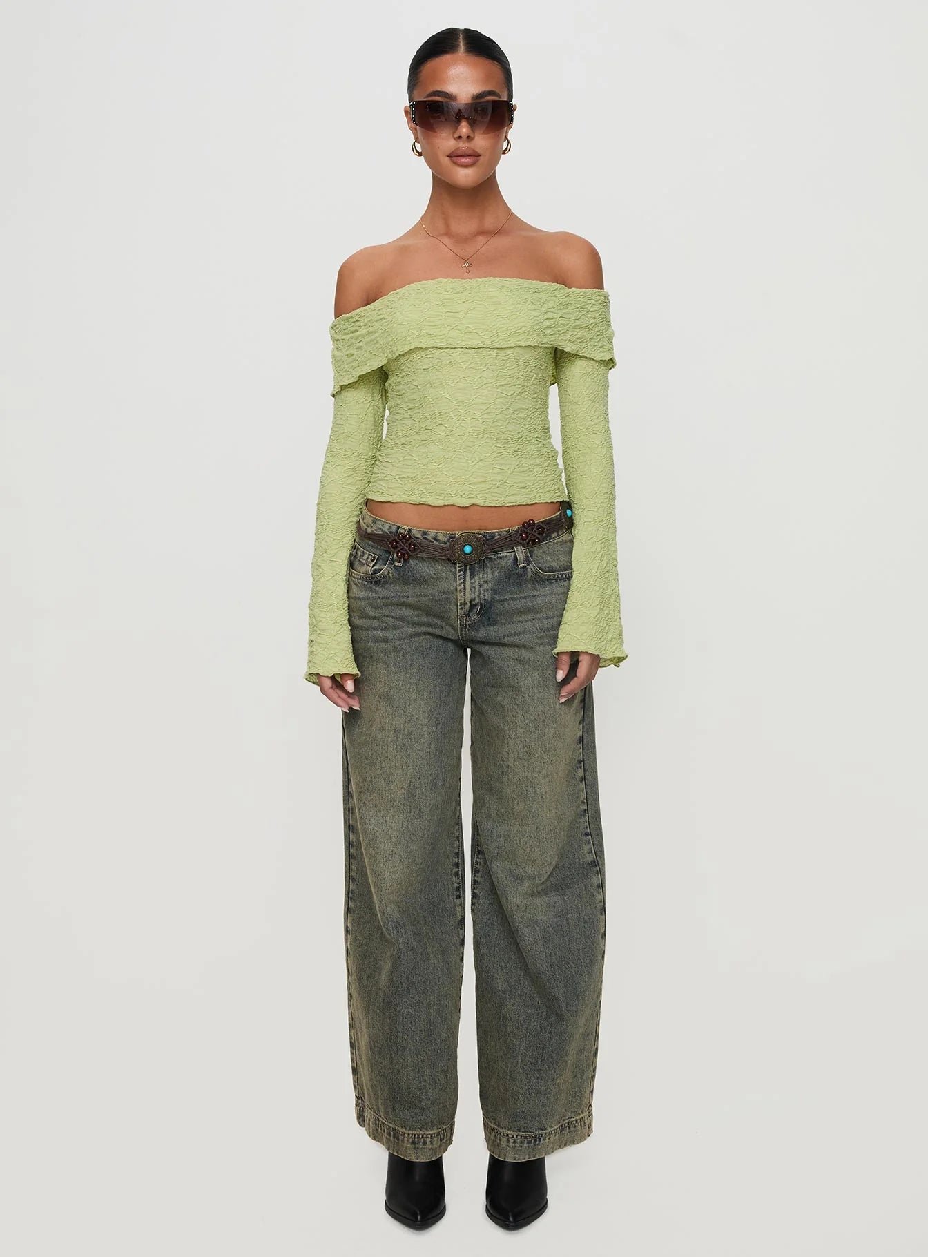 Back With Love Off Shoulder Long Sleeve Top Green