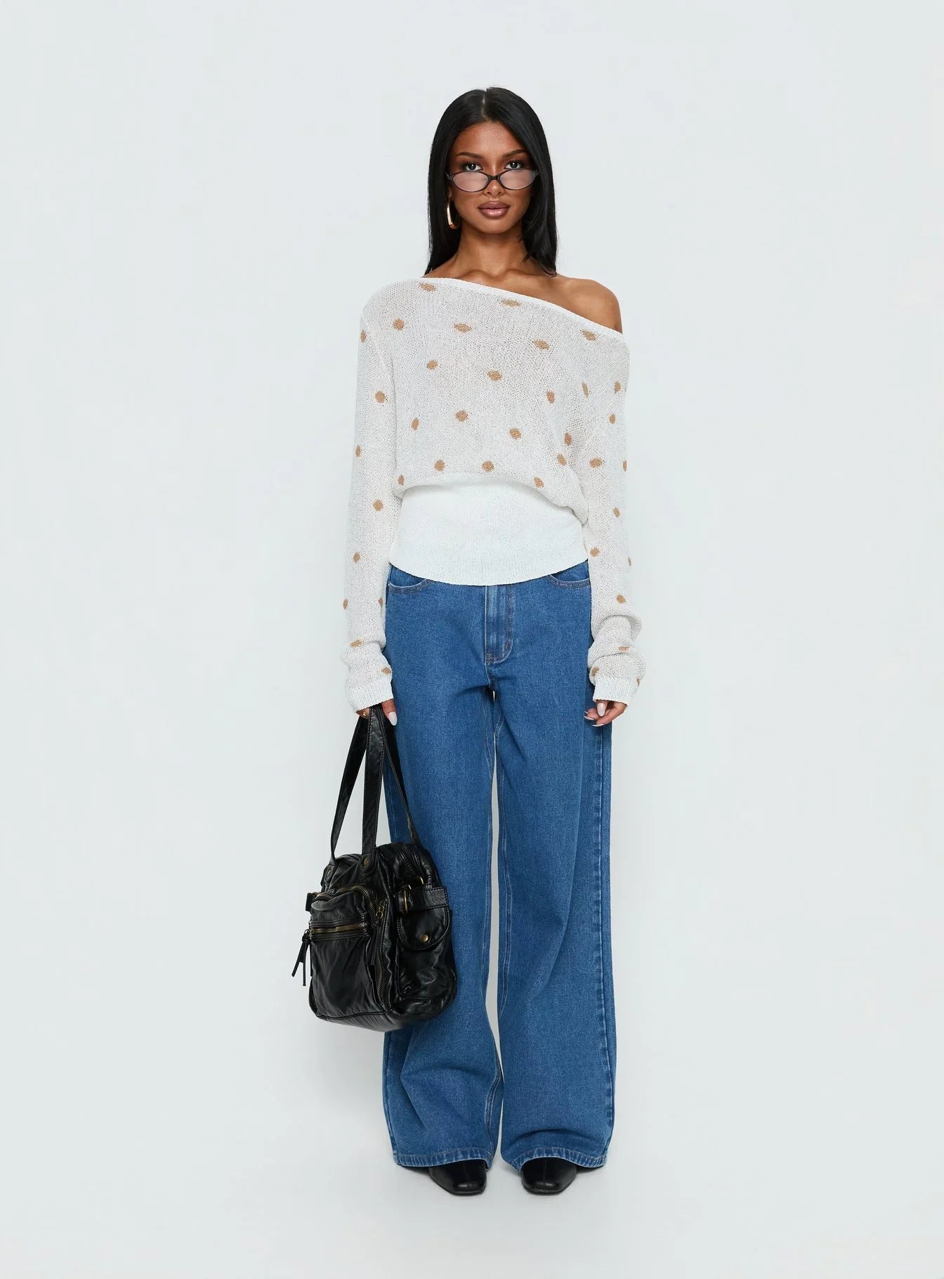 Harvy Off Shoulder Knit Sweater White Polka