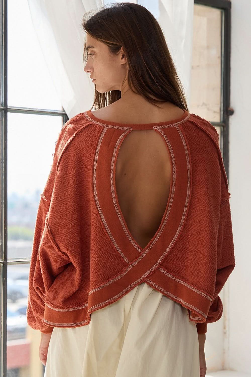 Libby Rust Open Back Long Sleeve Top