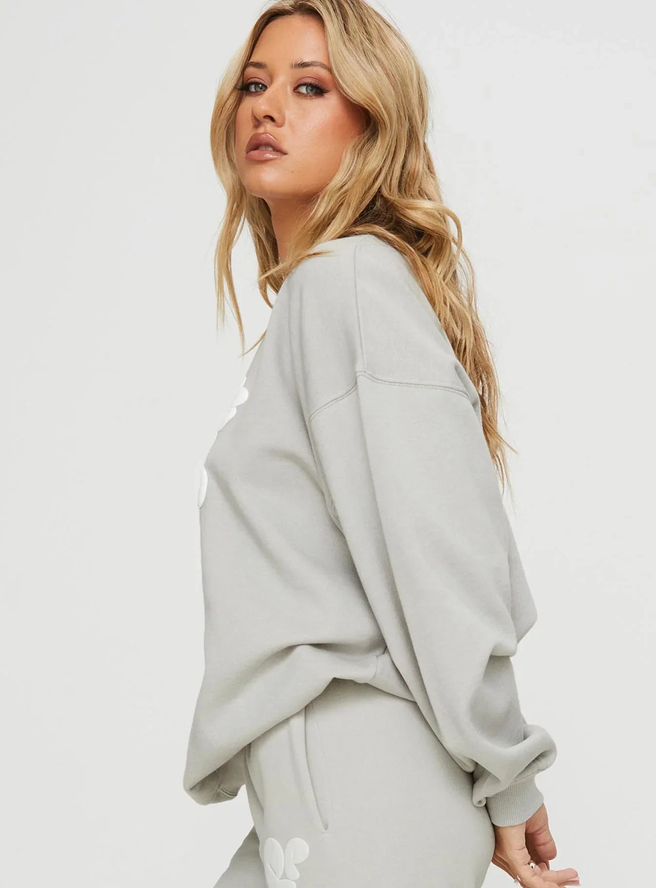 Princess Polly Crew Neck Sweatshirt Bubble Text Grey Cloud White