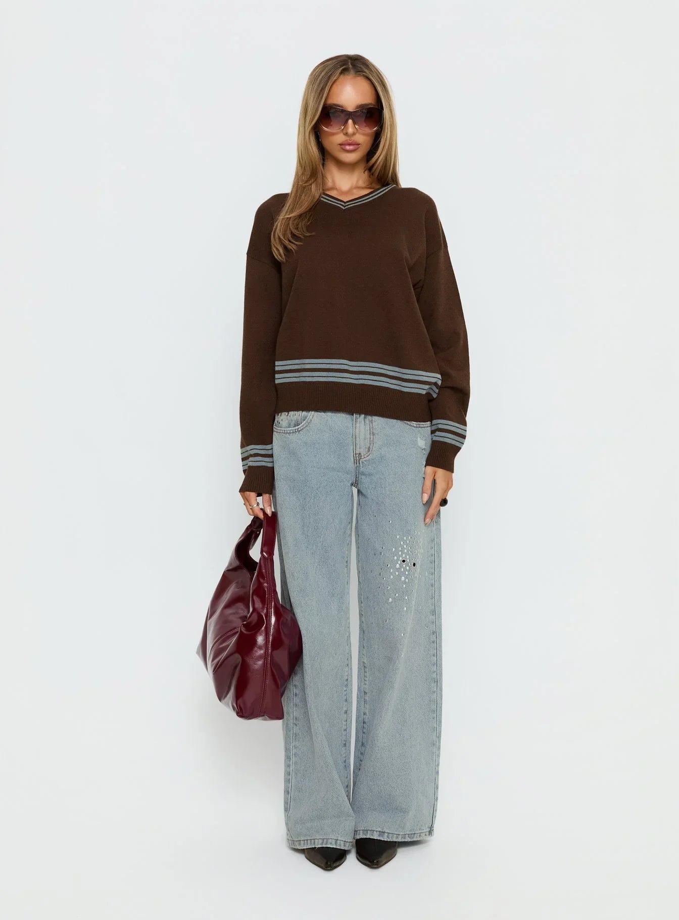 Yarnia V Neck Jumper Brown Blue