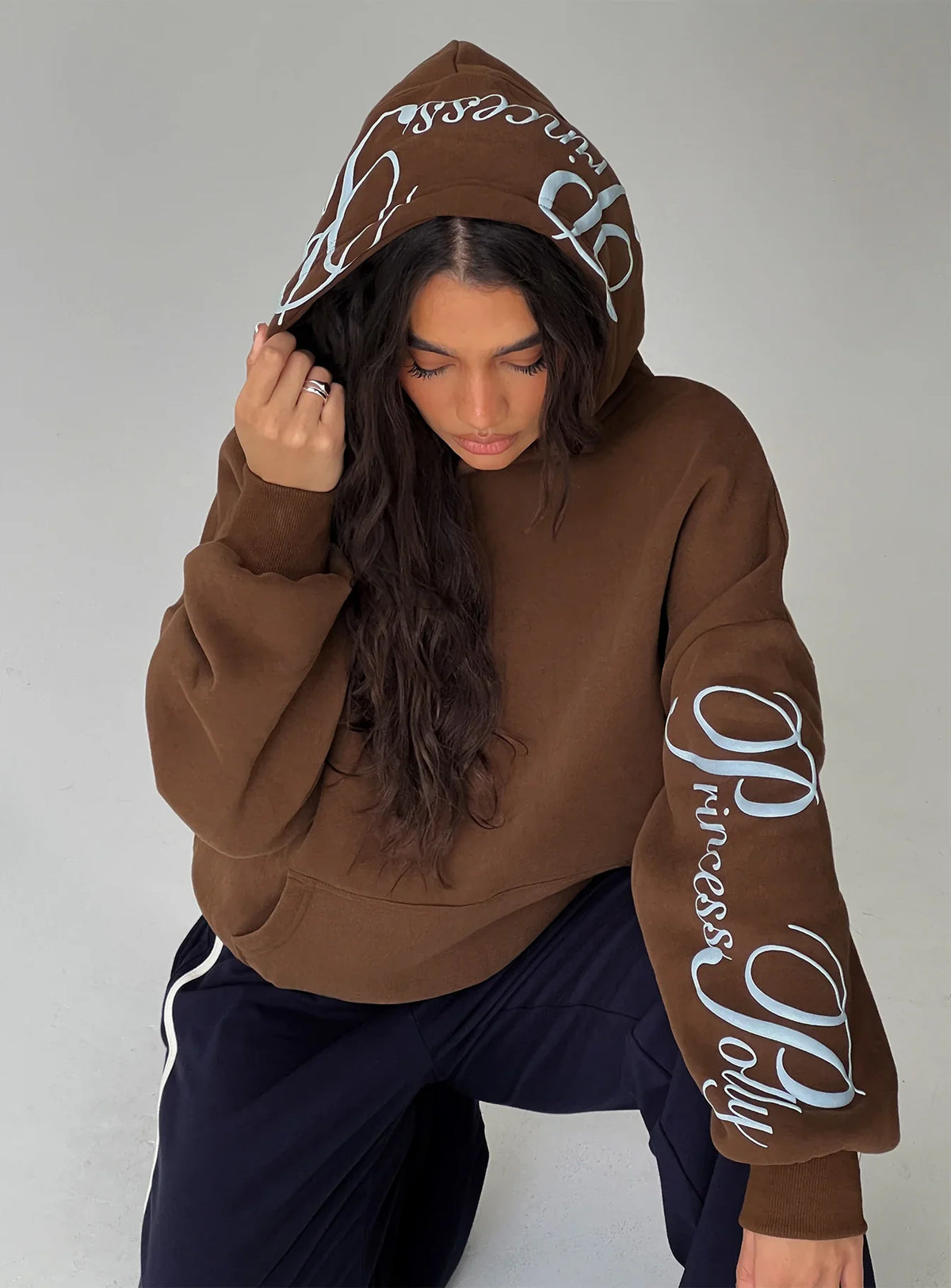 Princess Polly Script Text Graphic Hoodie Brown Blue
