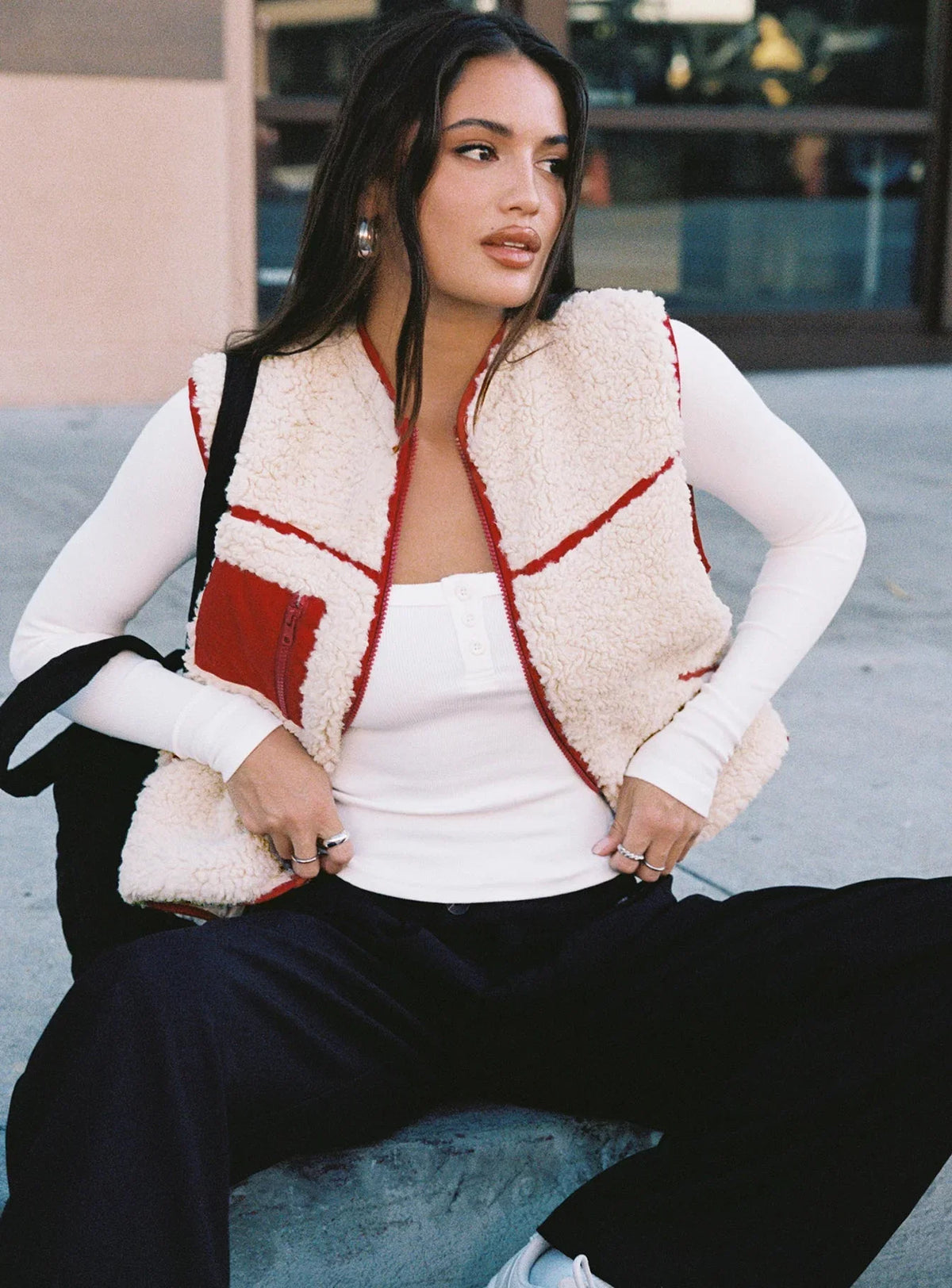 Senna Sherling Vest Jacket Cream Red