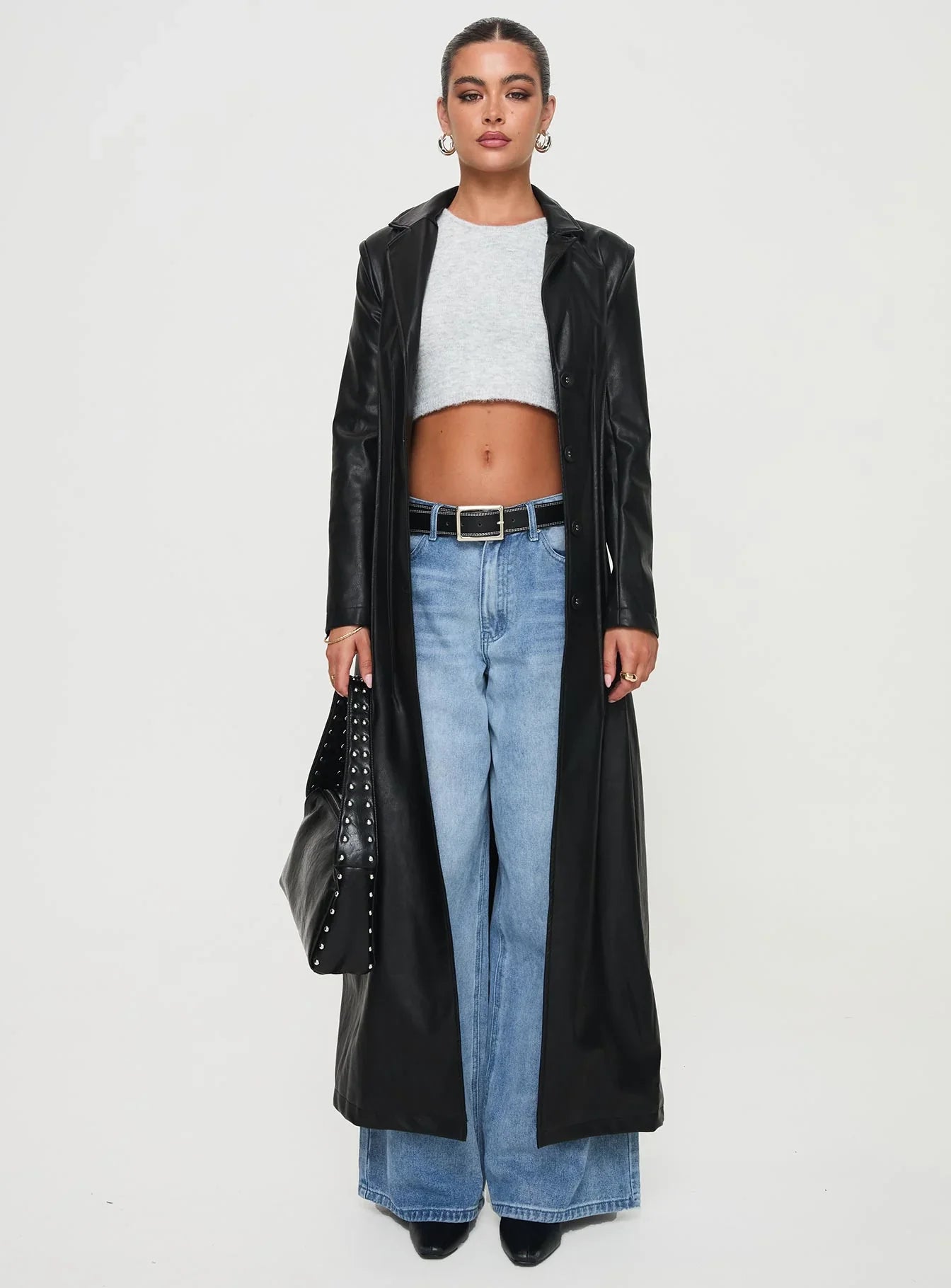 Speak Easy Long Line Faux Leather Coat Black