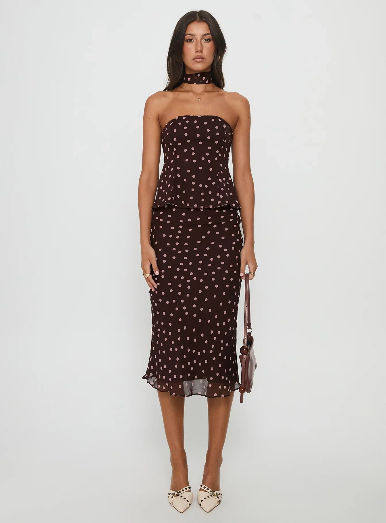 Sydni Scarf Detail Strapless Top Chocolate / Pink Polka Dot