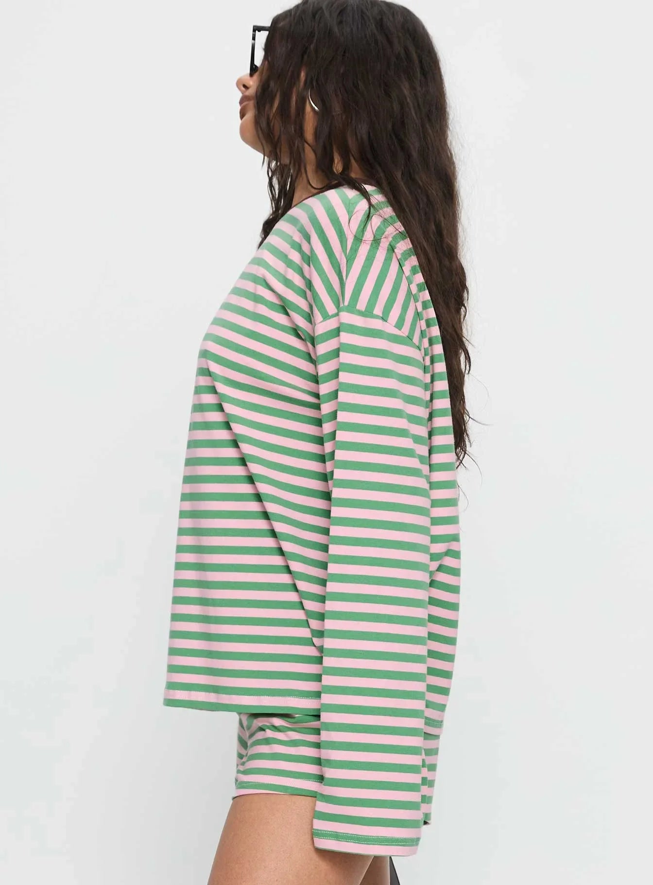 Settle Down Long Sleeve Top Green Pink Stripe