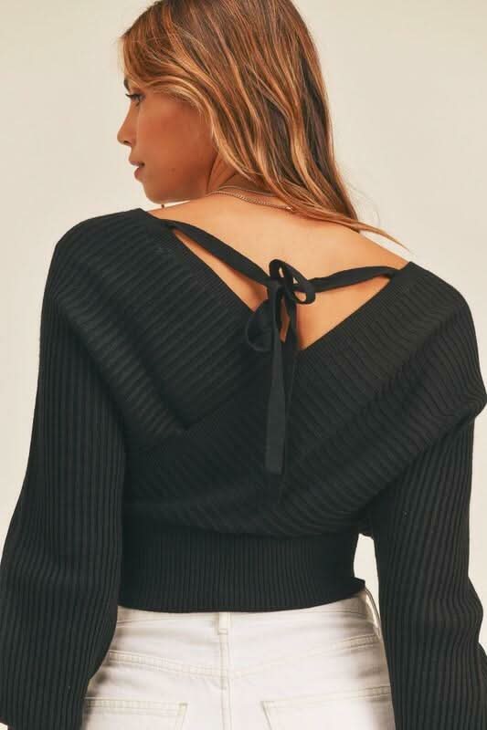 Natasha Black Ribbed Surplice Cropped Sweater