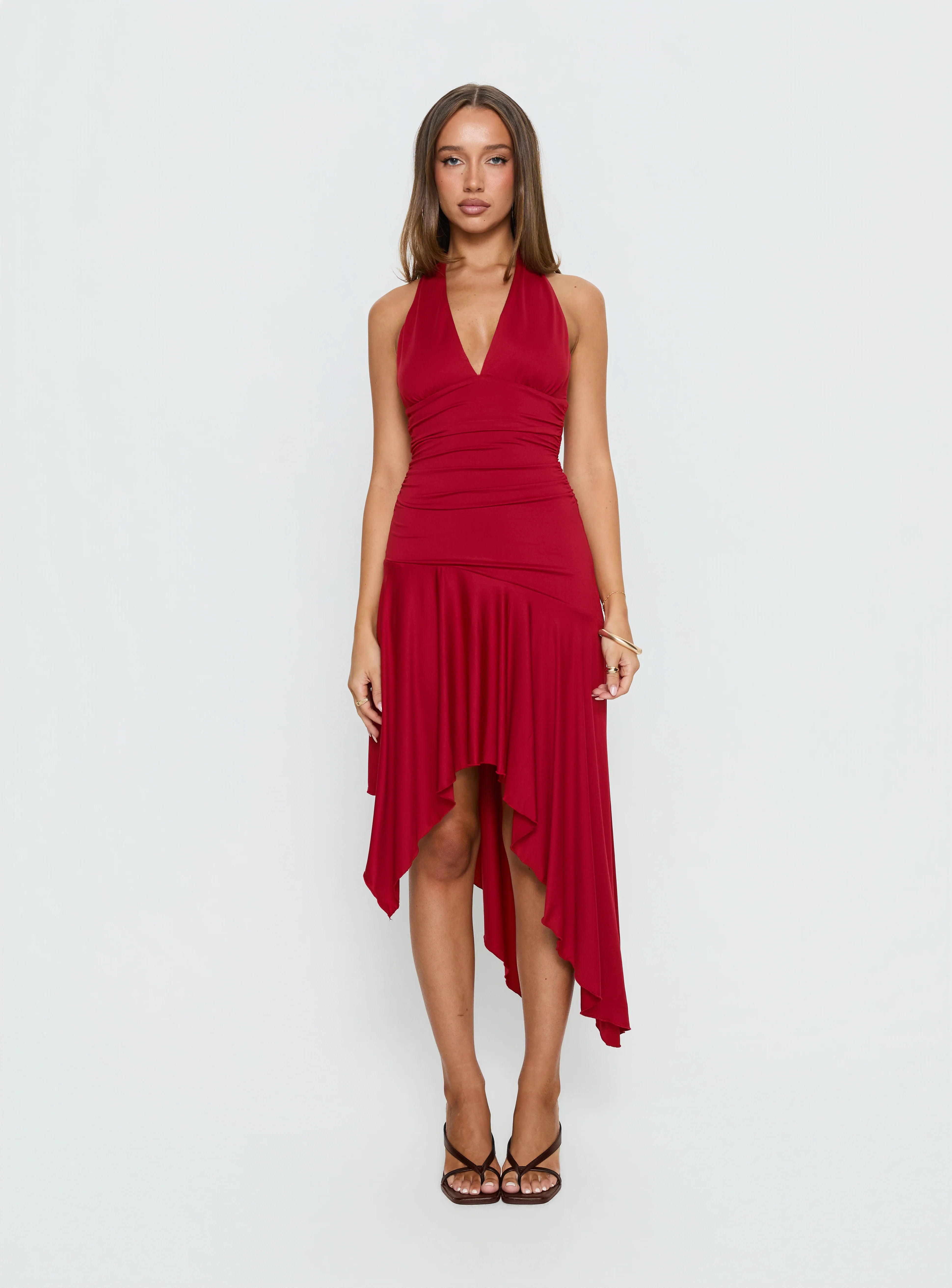 Emara Halter Asymmetrical Midi Dress Red