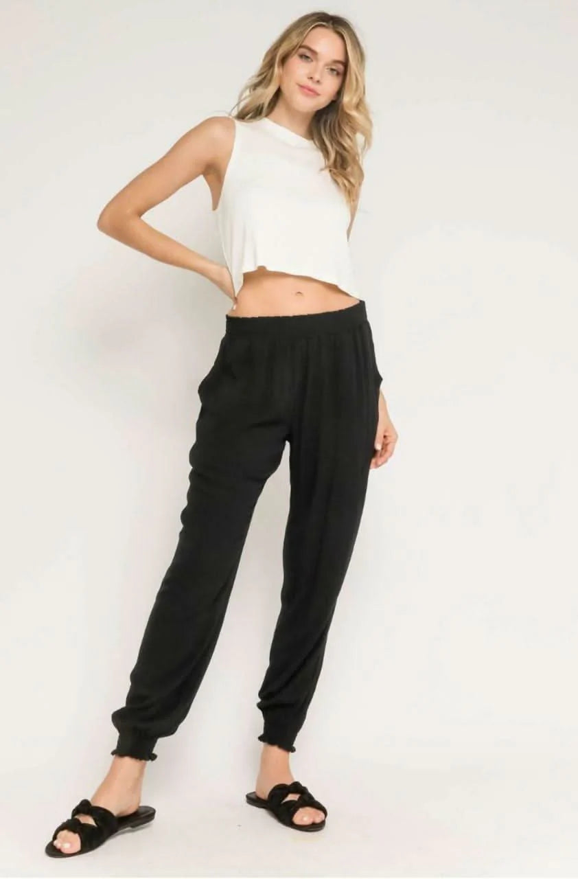 Surfs Up Black Smocked Waist Joggers
