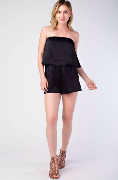 Selina Black Satin Strapless Romper