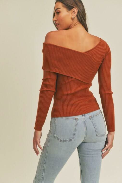 Lara Rust Ribbed Off The Shoulder Sweater Top
