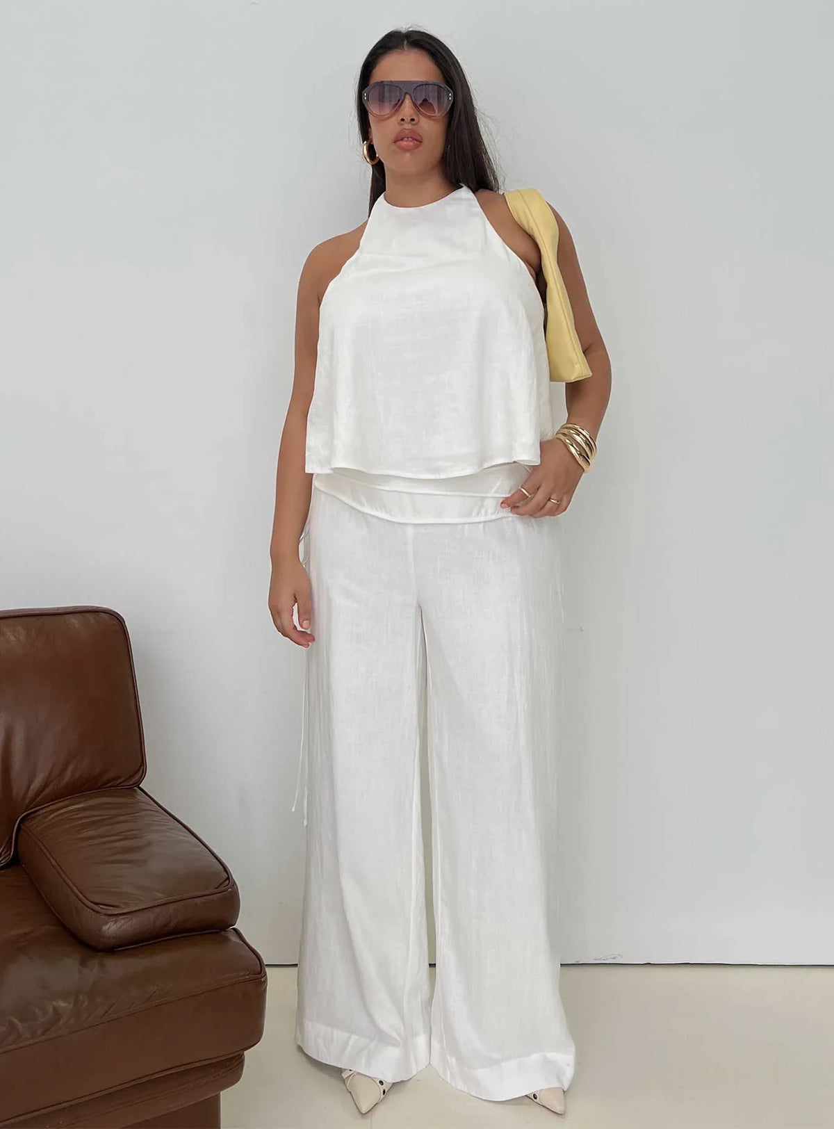 Silver Moon Linen Blend Tie Pants White Curve