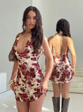 Salome Halter Cowl Neck Mini Dress Red Multi