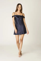 Cyndi Navy Satin Off The Shoulder Mini Dress