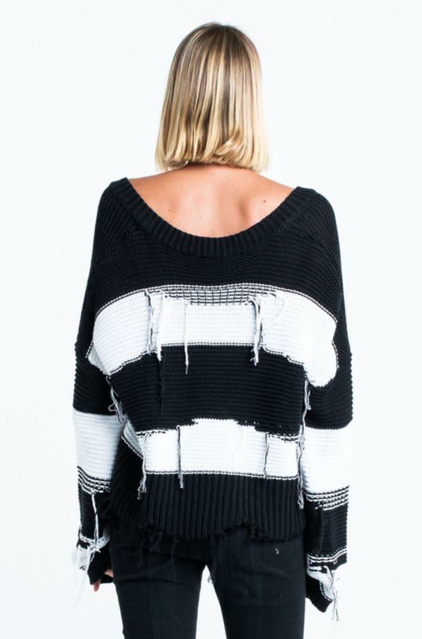 Kara Black and White Striped Fringe Ripped Sweater