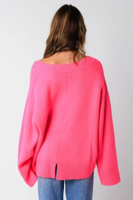 Leila Pink V Neck Oversized Sweater