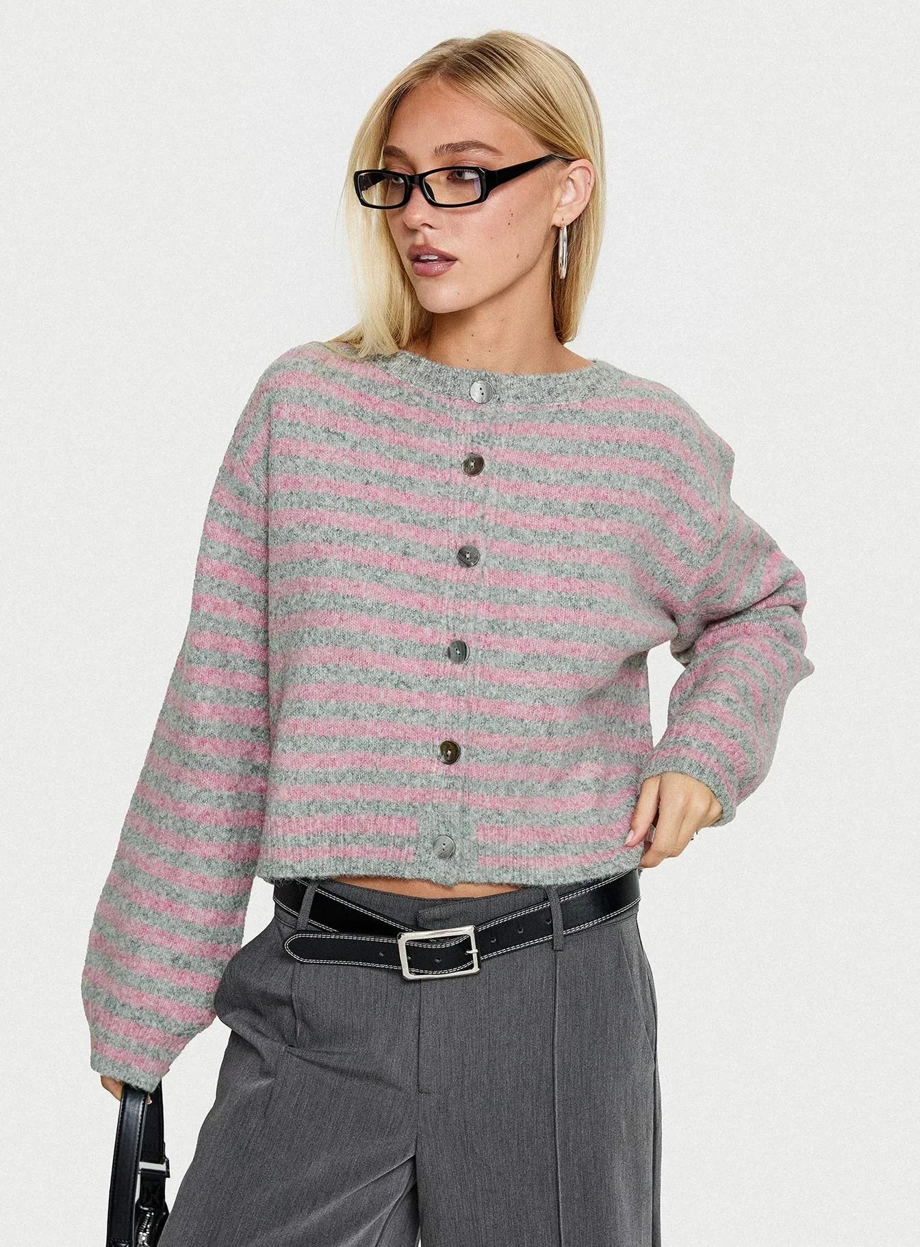 Raynna Button Up Cardigan Pink / Grey Stripe