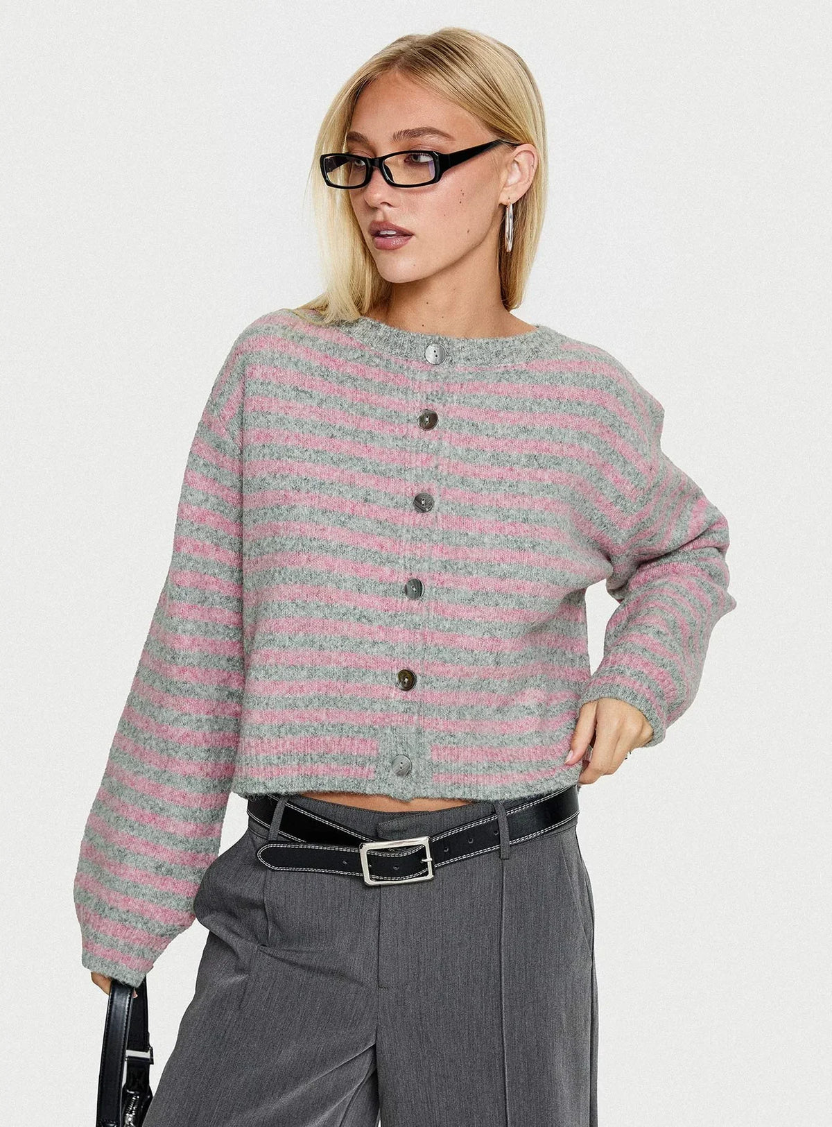 Raynna Button Up Cardigan Pink / Grey Stripe