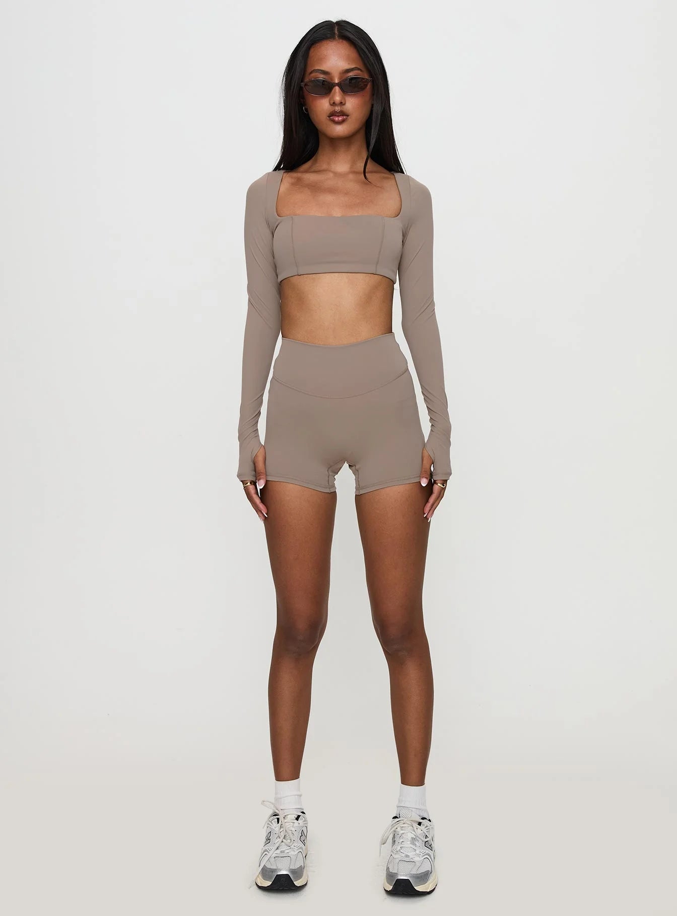 Set Point Active Square Neck Long Sleeve Top Taupe