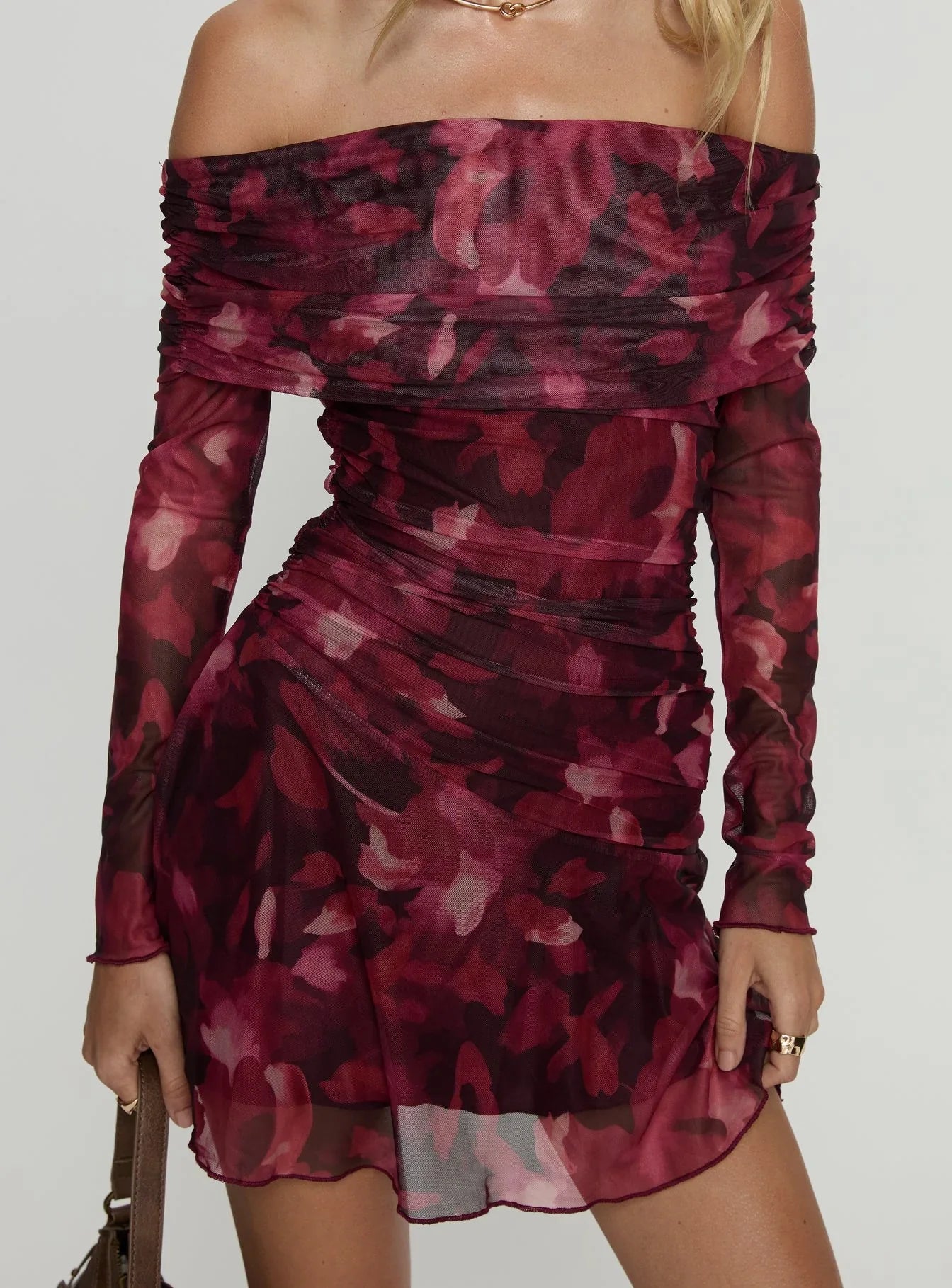 Marrissa Off Shoulder Long Sleeve Mini Dress Burgundy Floral