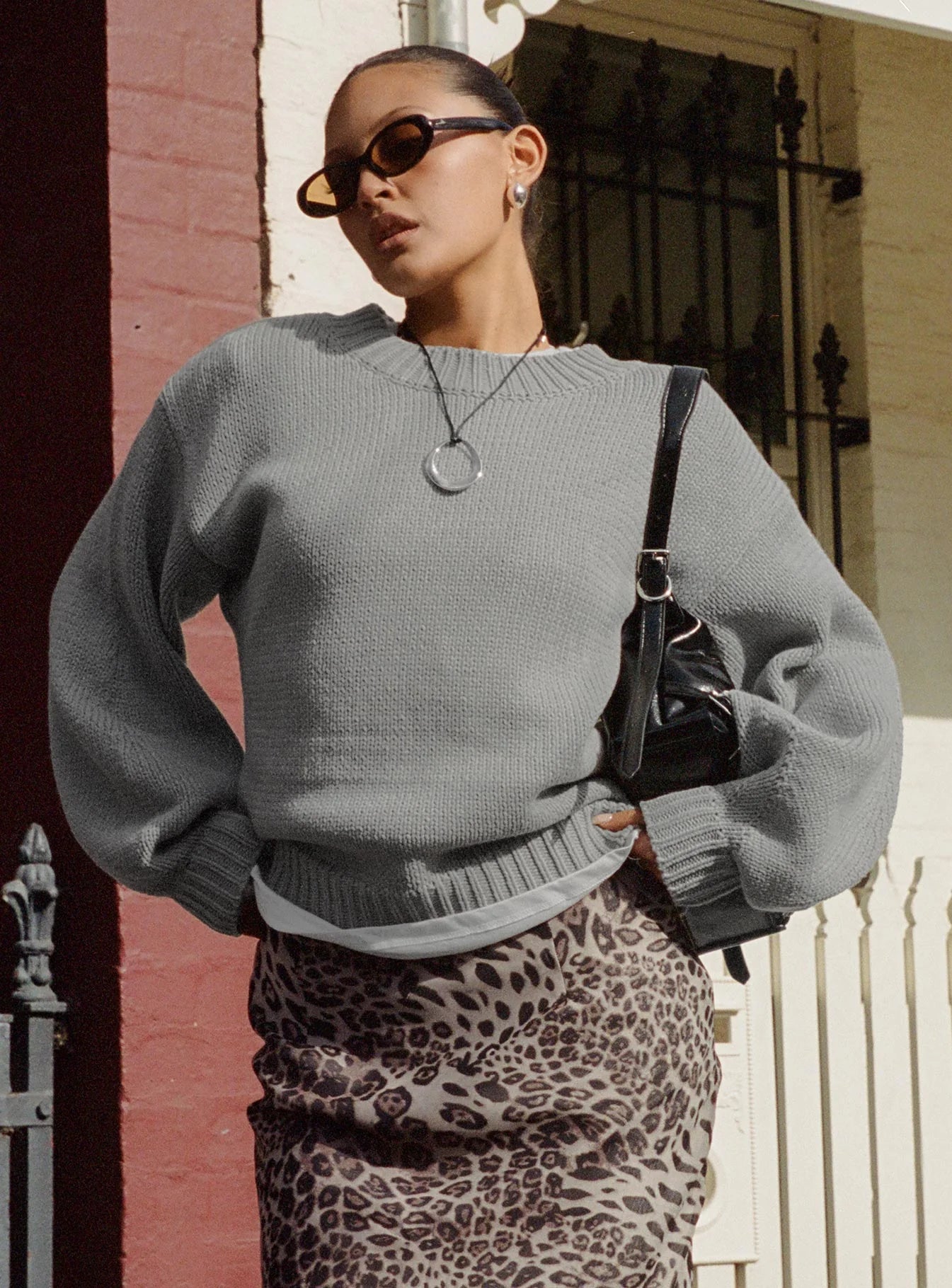 Harmony Balloon Sleeve Knit Sweater Grey