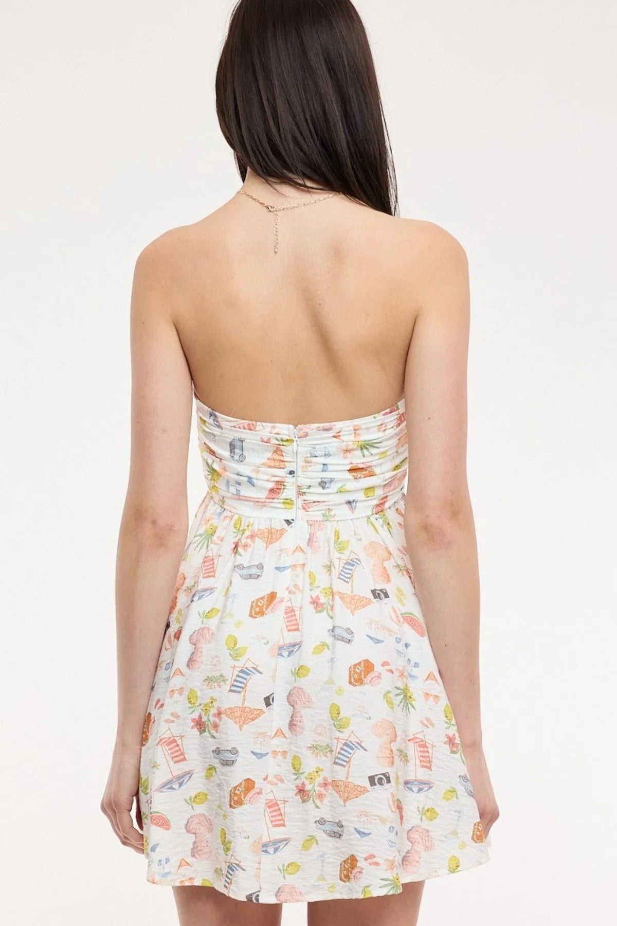 Colette White Vacation Print Strapless Babydoll Dress