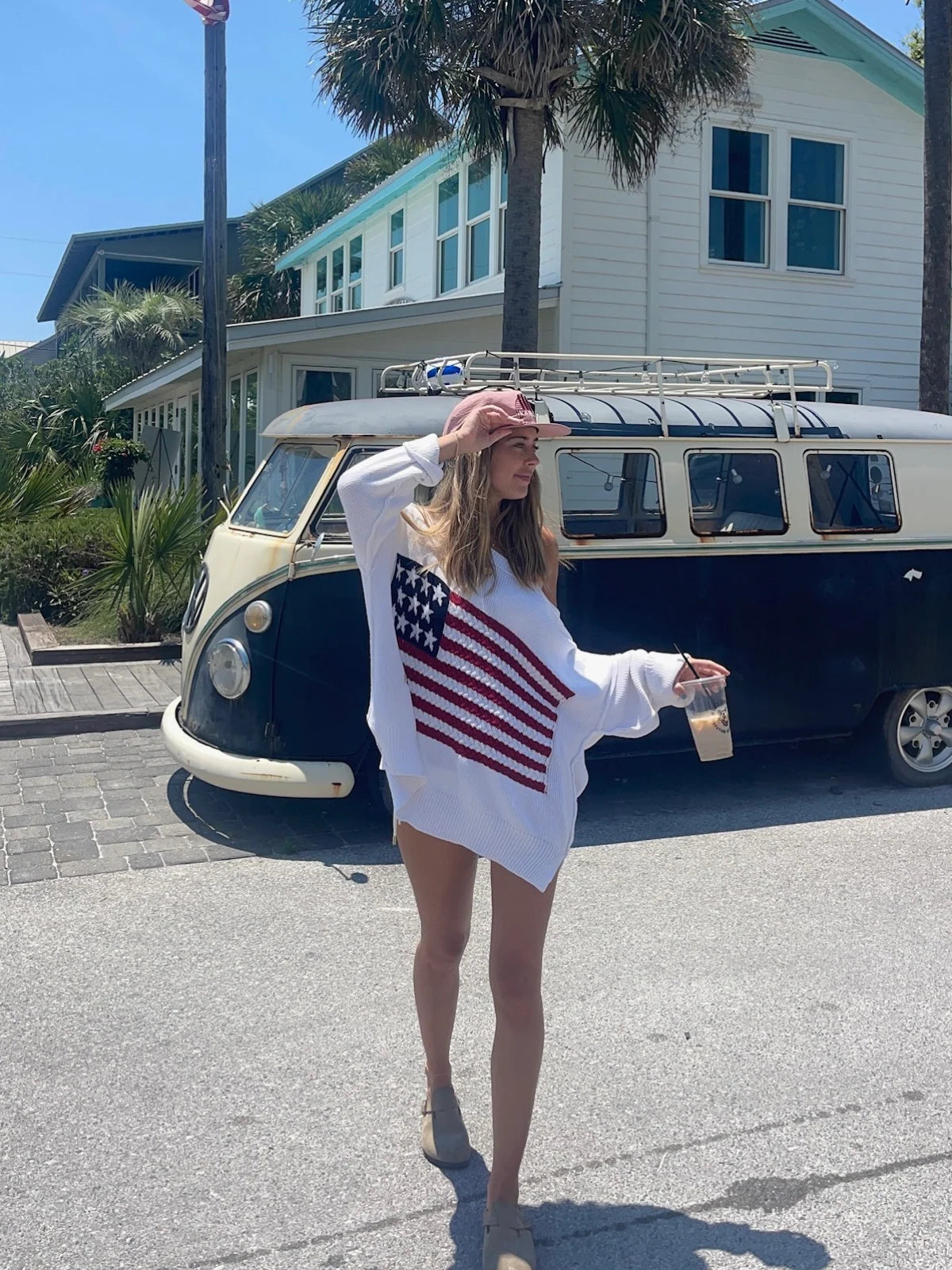 Land of Free White Oversized American Flag Sweater