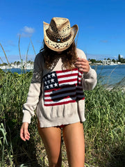 Land of Free Beige Oversized American Flag Sweater