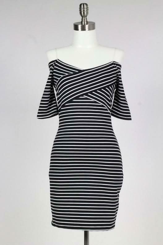 Movin On Baby Off The Shoulder Striped Bodycon Dress
