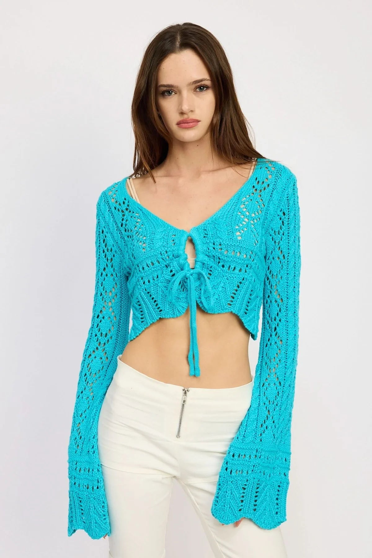 Lana Turquoise Crochet Front Tie Crop Top