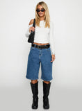 Retro Dream Mid Rise Longline Denim Shorts Mid Wash