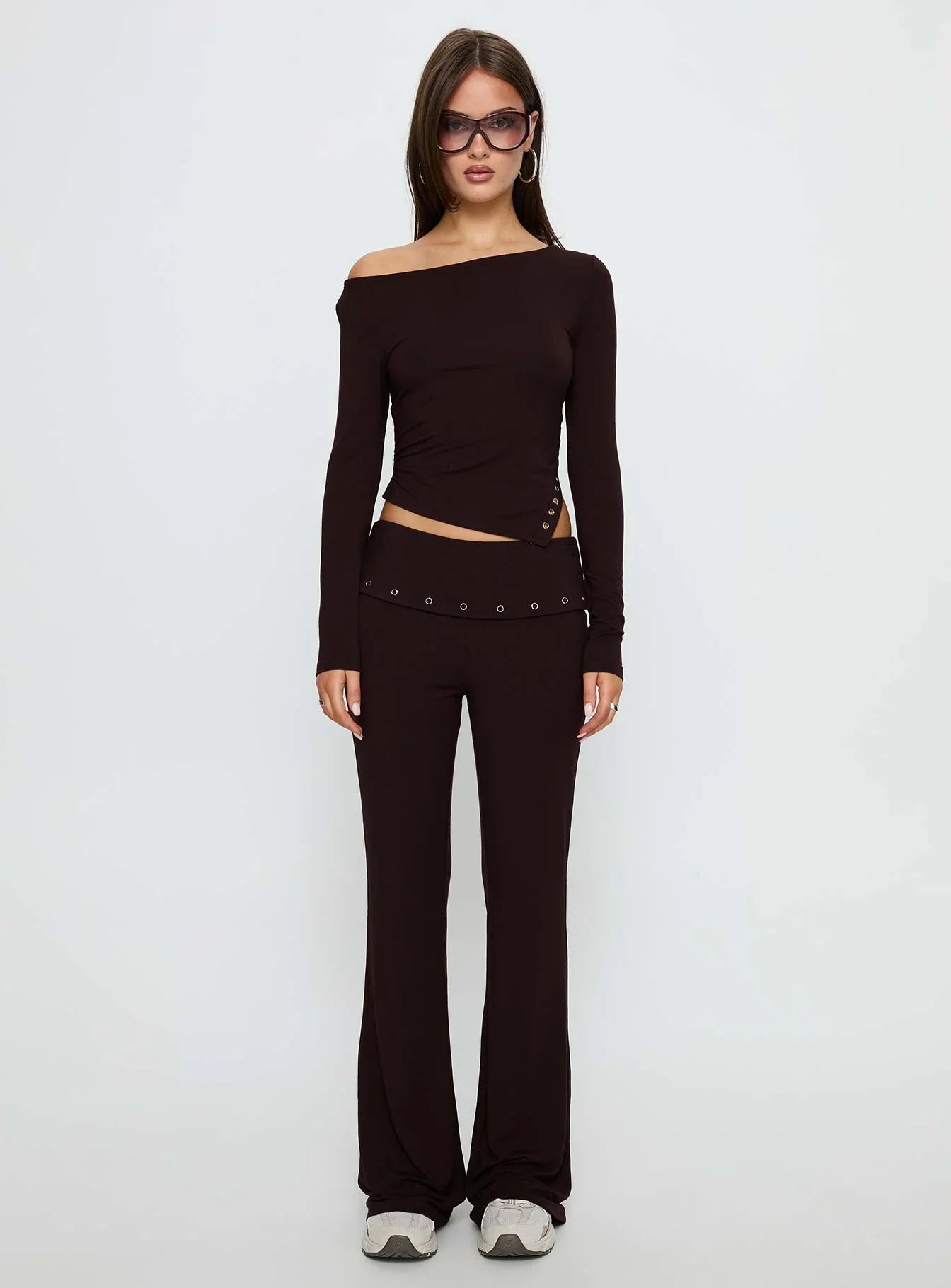 Wynna Eyelet Detail One Shoulder Top Chocolate